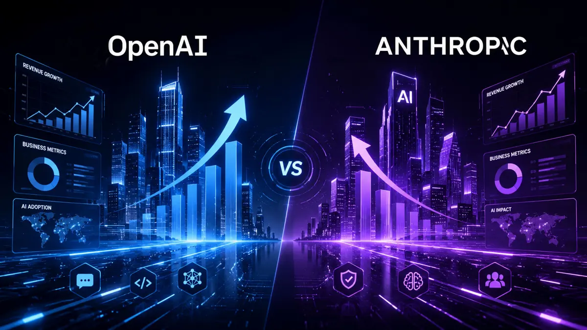 Illustration comparing OpenAI and Anthropic with futuristic revenue growth charts, AI analytics dashboards, and digital business metrics.