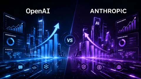 Illustration comparing OpenAI and Anthropic with futuristic revenue growth charts, AI analytics dashboards, and digital business metrics.