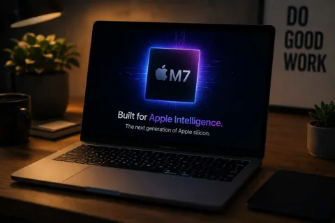 Apple MacBook Pro on a desk representing the upcoming Apple M7 chip generation and its AI-focused Apple silicon roadmap