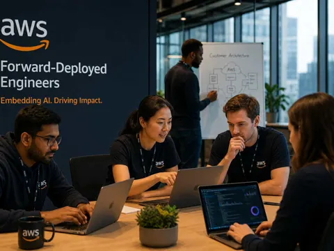 Engineers collaborating at laptops in a modern office, representing AWS forward-deployed engineering teams