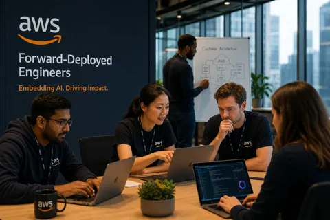 Engineers collaborating at laptops in a modern office, representing AWS forward-deployed engineering teams