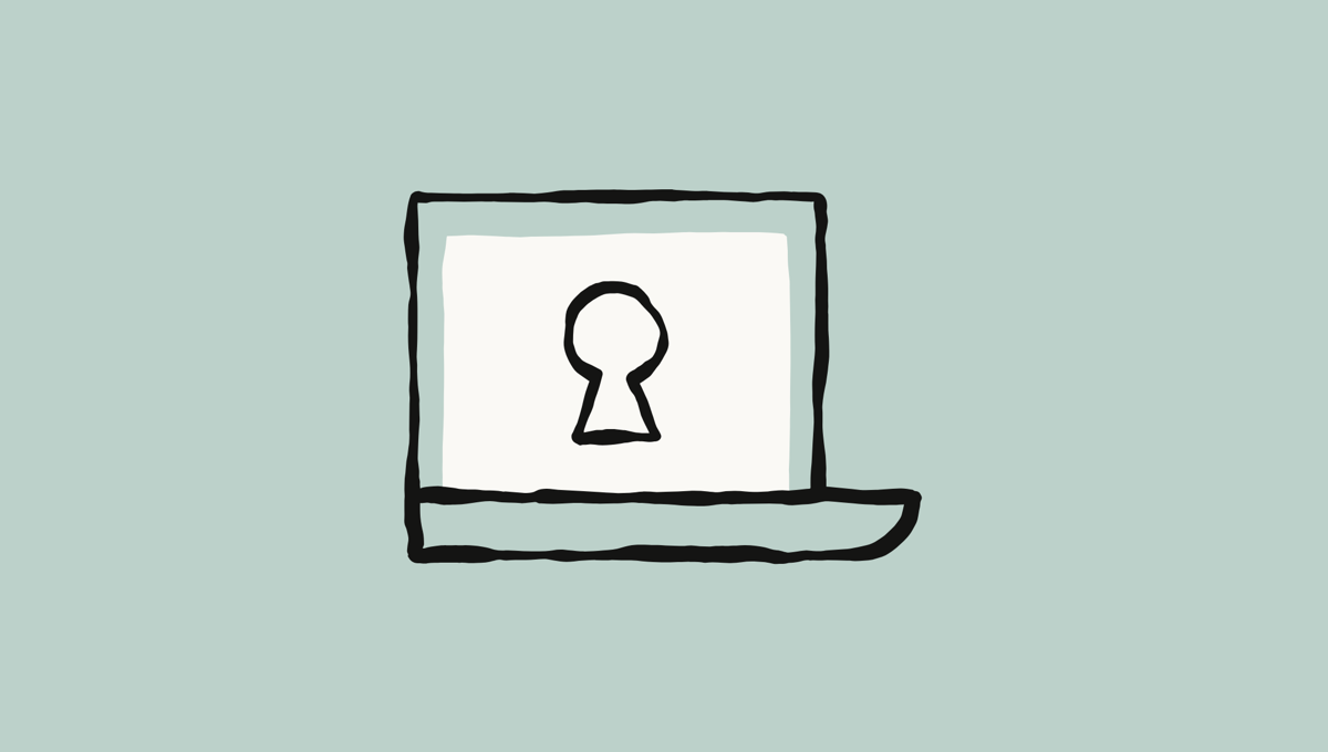 Hand-drawn illustration of a laptop displaying a keyhole symbol on a sage green background