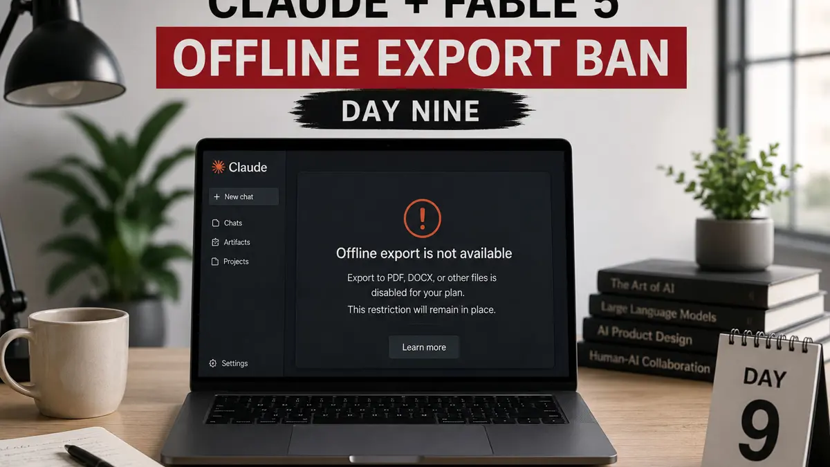 Laptop displaying a Claude interface with an offline export restriction message during day nine of the Claude Fable 5 offline export ban.