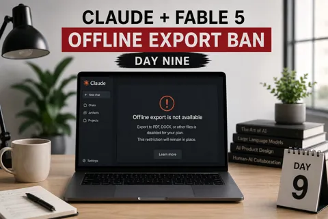 Laptop displaying a Claude interface with an offline export restriction message during day nine of the Claude Fable 5 offline export ban.