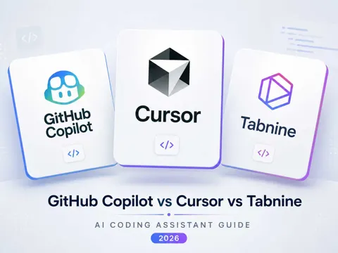 Comparison graphic featuring GitHub Copilot, Cursor, and Tabnine as AI coding assistants in a 2026 developer guide