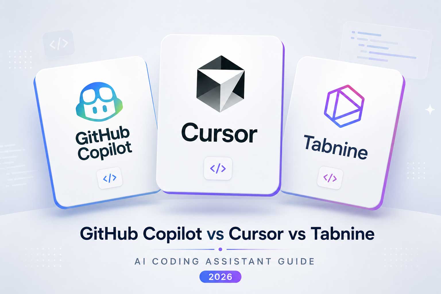 Comparison graphic featuring GitHub Copilot, Cursor, and Tabnine as AI coding assistants in a 2026 developer guide