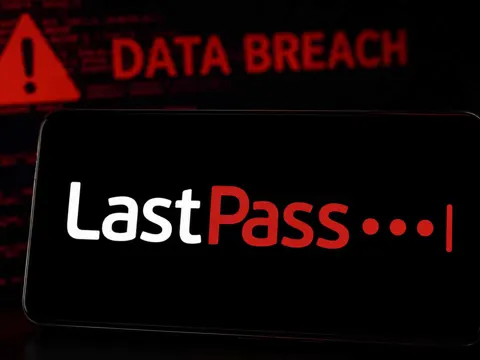 LastPass logo displayed on a dark background with a data breach warning, representing the password manager's disclosure following the Klue supply chain attack