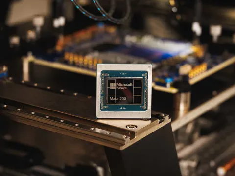 Microsoft Maia 200 custom AI accelerator chip on a circuit board, announced January 2026