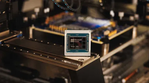Microsoft Maia 200 custom AI accelerator chip on a circuit board, announced January 2026