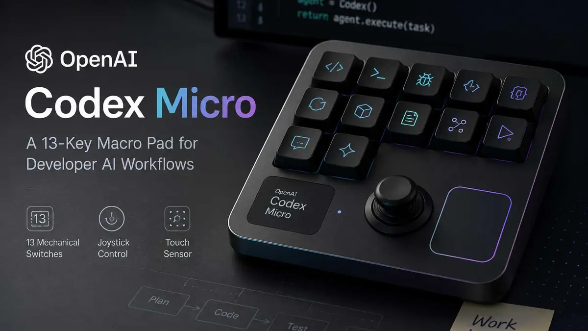 OpenAI Codex Micro macro pad featuring 13 mechanical switches, a joystick control, and a touch sensor for AI-powered developer workflows