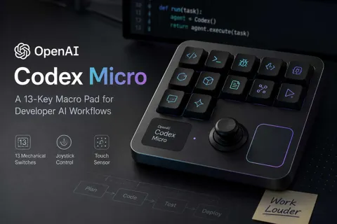 OpenAI Codex Micro macro pad featuring 13 mechanical switches, a joystick control, and a touch sensor for AI-powered developer workflows