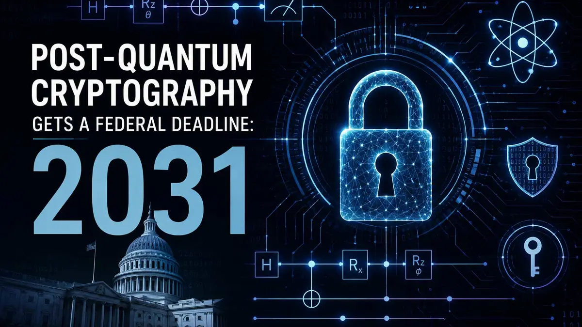 Abstract visualization of post-quantum cryptography featuring a quantum circuit, digital padlock, and cybersecurity symbols representing the federal 2031 migration deadline