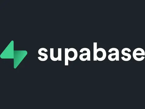 Supabase logo displayed on a dark navy background. The logo consists of a green geometric symbol resembling two connected triangular shapes on the left, with the word “supabase” in large white lowercase letters on the right