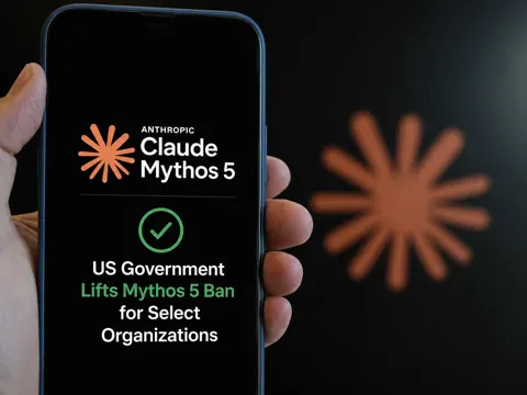 Smartphone displaying Anthropic Claude Mythos 5 with a message about the US government lifting the Mythos 5 ban for select organizations