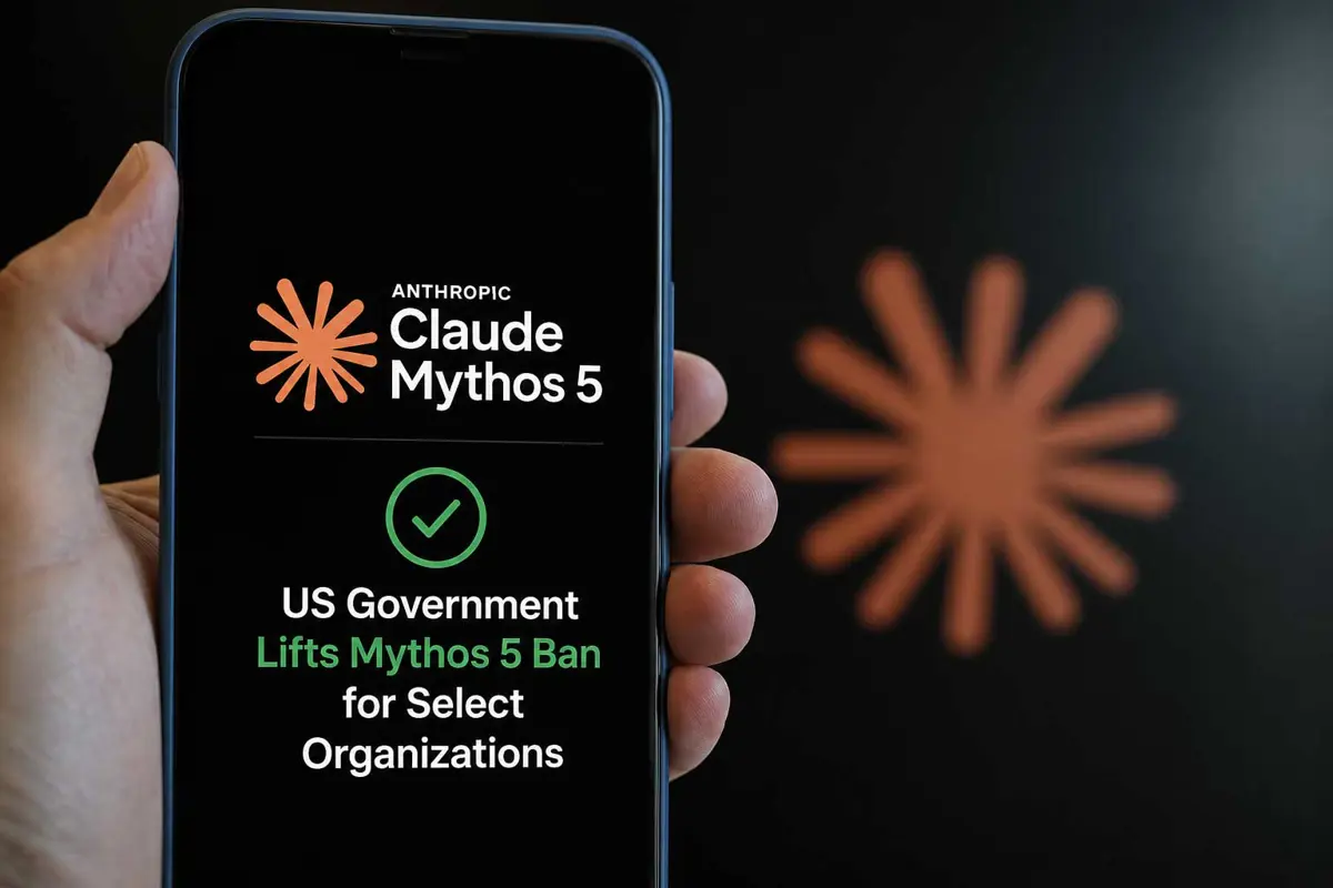 Smartphone displaying Anthropic Claude Mythos 5 with a message about the US government lifting the Mythos 5 ban for select organizations