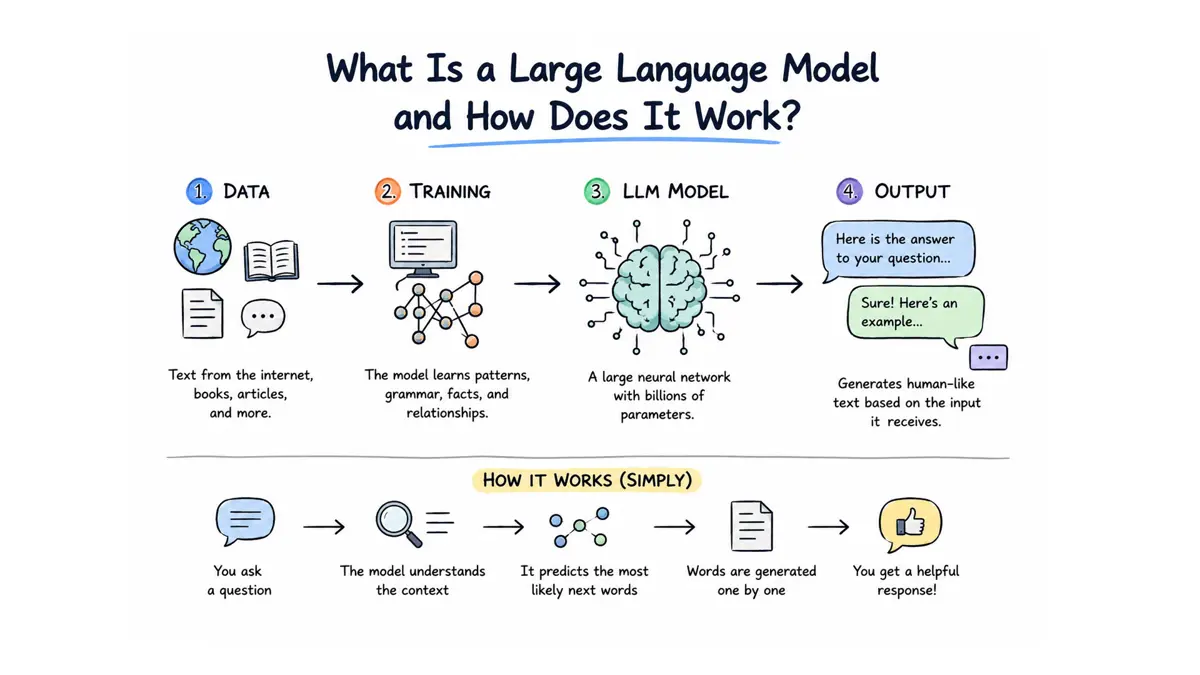 Illustration explaining how a large language model (LLM) works, including training data, neural networks, language processing, and AI-generated responses.