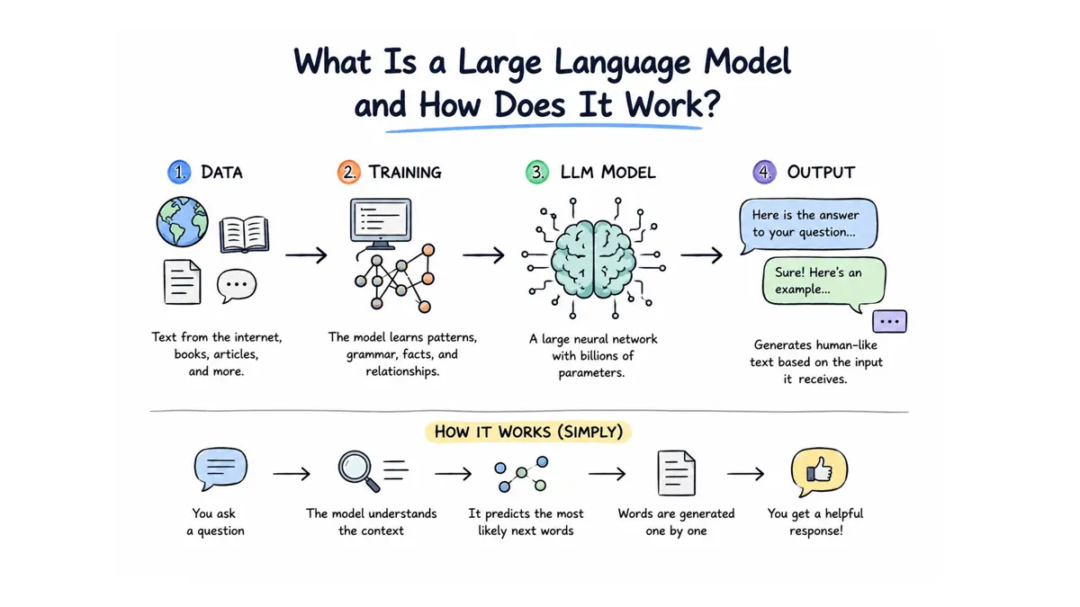 Illustration explaining how a large language model (LLM) works, including training data, neural networks, language processing, and AI-generated responses.