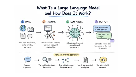 Illustration explaining how a large language model (LLM) works, including training data, neural networks, language processing, and AI-generated responses.