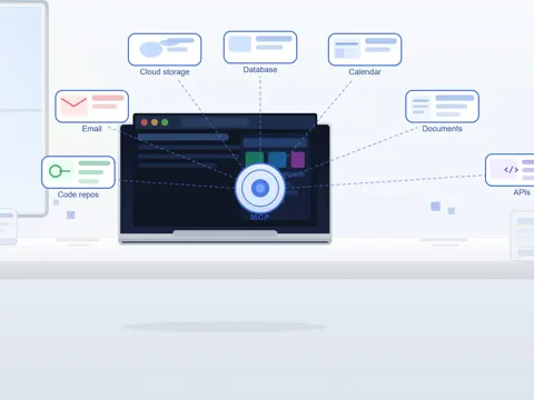 Realistic technology workspace showing Model Context Protocol (MCP) connecting an AI assistant to databases, documents, APIs, and business applications.