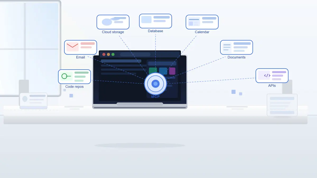 Realistic technology workspace showing Model Context Protocol (MCP) connecting an AI assistant to databases, documents, APIs, and business applications.
