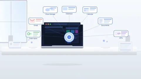 Realistic technology workspace showing Model Context Protocol (MCP) connecting an AI assistant to databases, documents, APIs, and business applications.