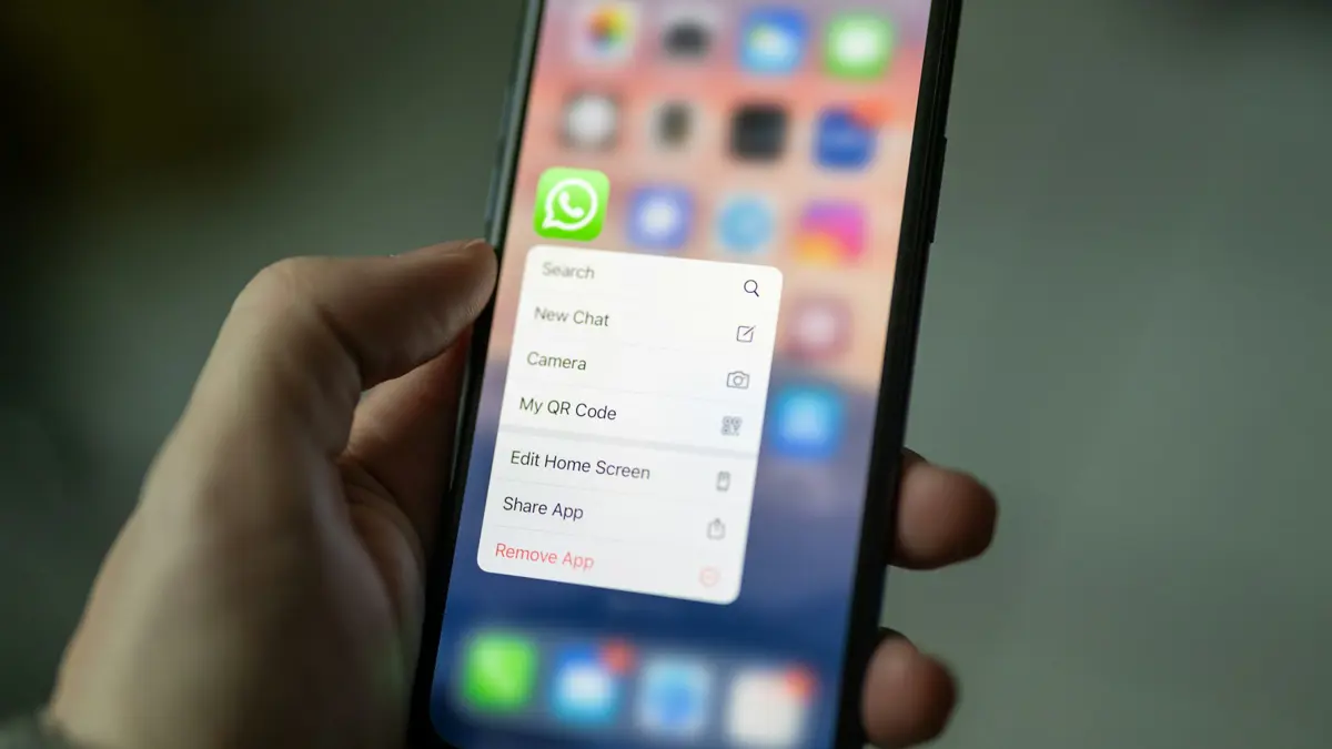 Hand holding an iPhone with WhatsApp app menu open on screen