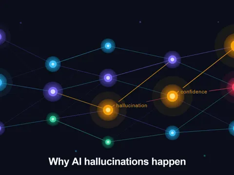 Abstract neural network visualization on a dark background showing glowing purple, blue, amber, and red nodes with weighted connection lines representing how language models generate hallucinations