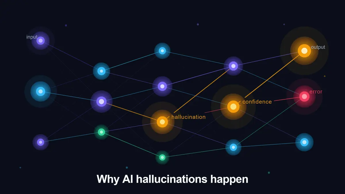 Abstract neural network visualization on a dark background showing glowing purple, blue, amber, and red nodes with weighted connection lines representing how language models generate hallucinations