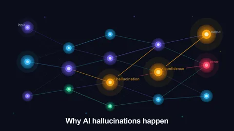 Abstract neural network visualization on a dark background showing glowing purple, blue, amber, and red nodes with weighted connection lines representing how language models generate hallucinations