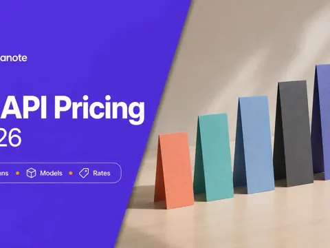 Five pastel pricing cards beside a violet panel reading AI API Pricing 2026