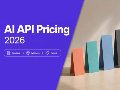 Five pastel pricing cards beside a violet panel reading AI API Pricing 2026