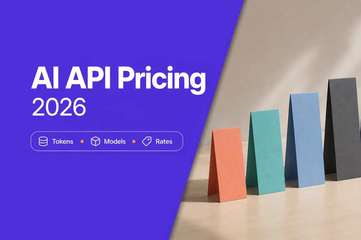 Five pastel pricing cards beside a violet panel reading AI API Pricing 2026