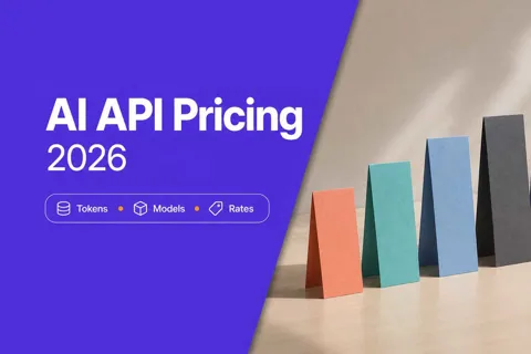 Five pastel pricing cards beside a violet panel reading AI API Pricing 2026