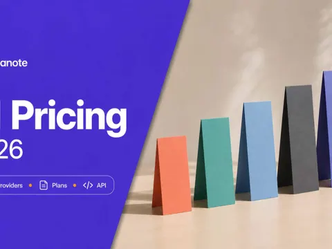 Five pastel pricing cards in a row beside a violet panel reading AI Pricing 2026