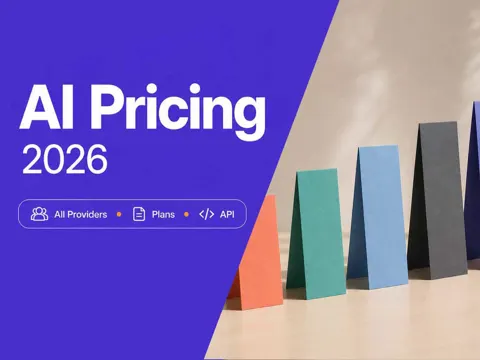 Five pastel pricing cards in a row beside a violet panel reading AI Pricing 2026