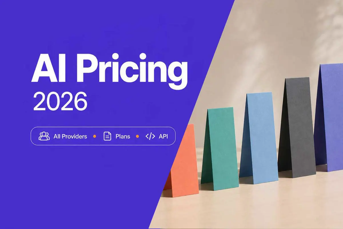 Five pastel pricing cards in a row beside a violet panel reading AI Pricing 2026