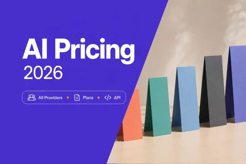 Five pastel pricing cards in a row beside a violet panel reading AI Pricing 2026