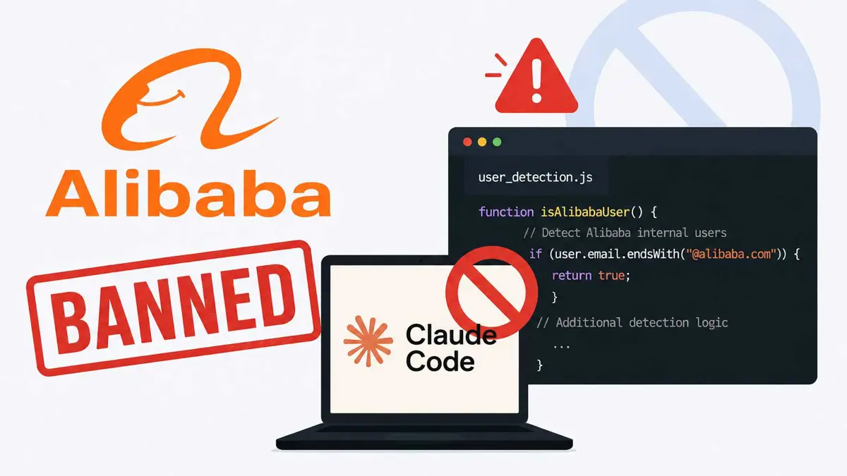 Illustration showing Alibaba blocking Claude Code after reverse engineers discovered user-detection code in an April software release