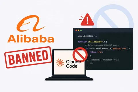 Illustration showing Alibaba blocking Claude Code after reverse engineers discovered user-detection code in an April software release