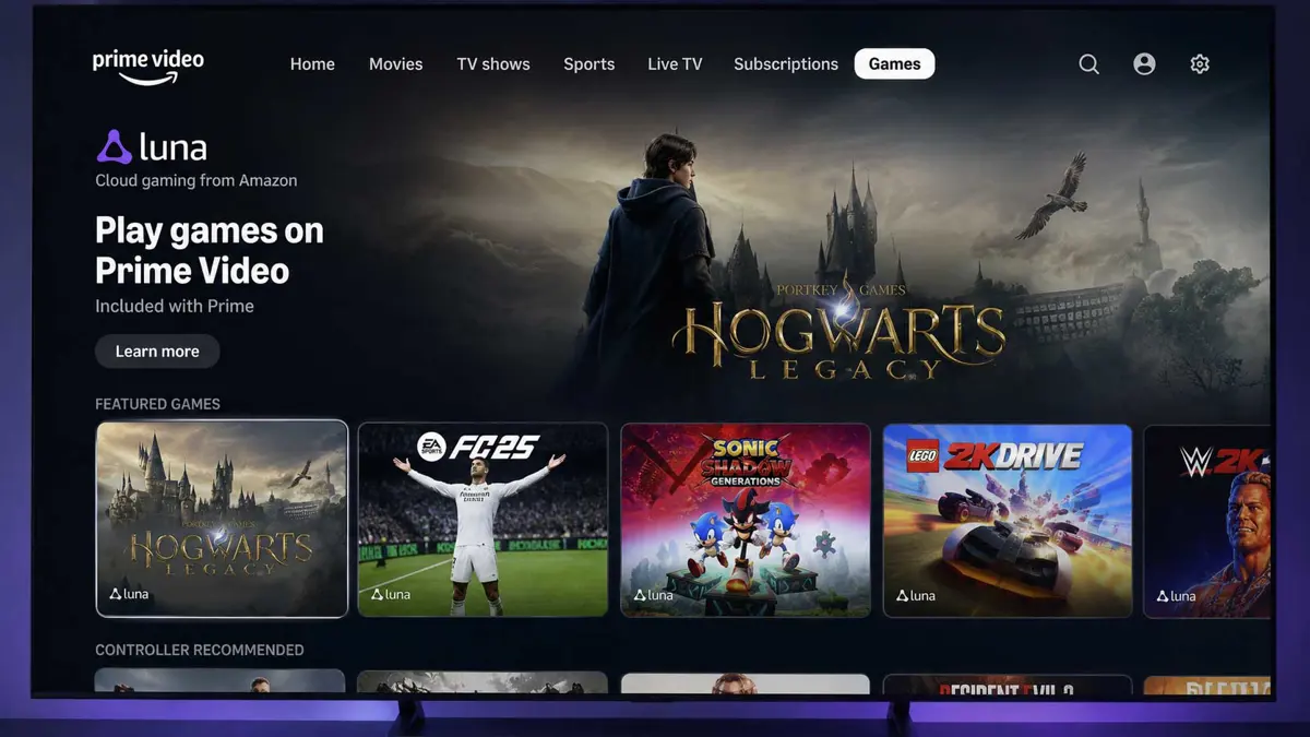 Amazon Prime Video interface showing the new Games tab powered by Luna cloud gaming, with game tiles including Hogwarts Legacy and EA Sports FC