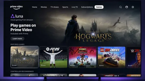 Amazon Prime Video interface showing the new Games tab powered by Luna cloud gaming, with game tiles including Hogwarts Legacy and EA Sports FC