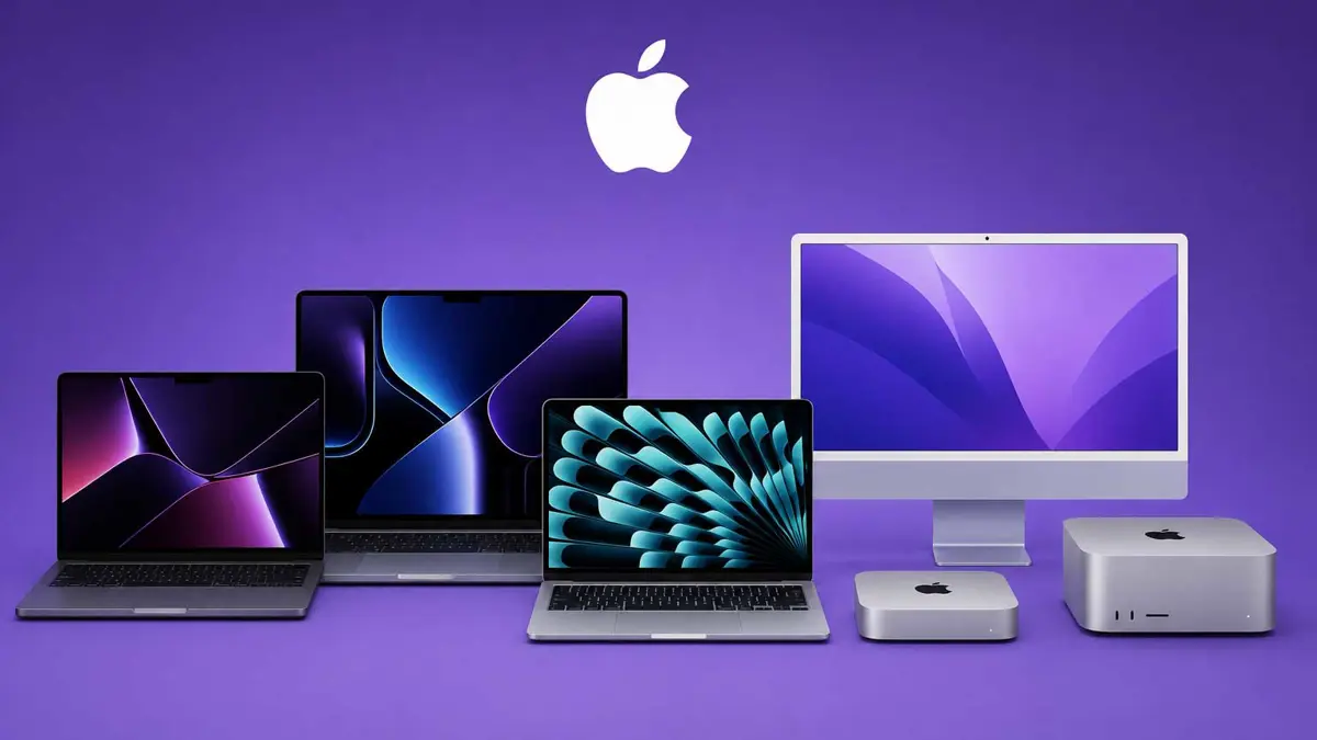 Apple Mac lineup showing MacBook Pro, MacBook Air, iMac, Mac mini, and Mac Studio on purple background