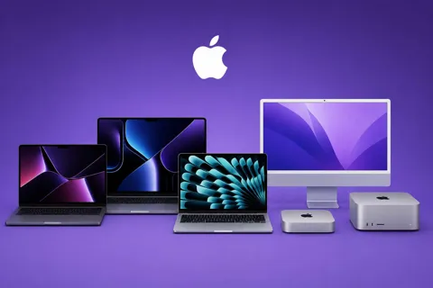 Apple Mac lineup showing MacBook Pro, MacBook Air, iMac, Mac mini, and Mac Studio on purple background
