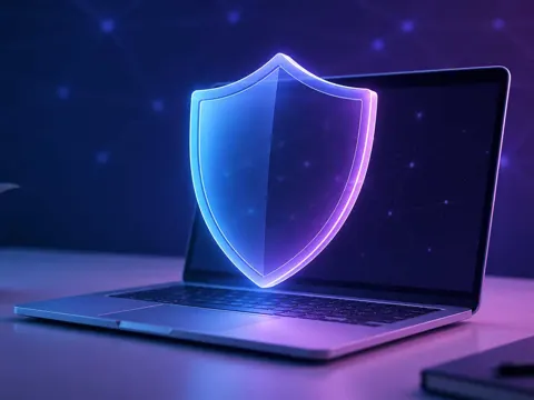 Illustration of a protective shield over a laptop representing free VPN privacy protection