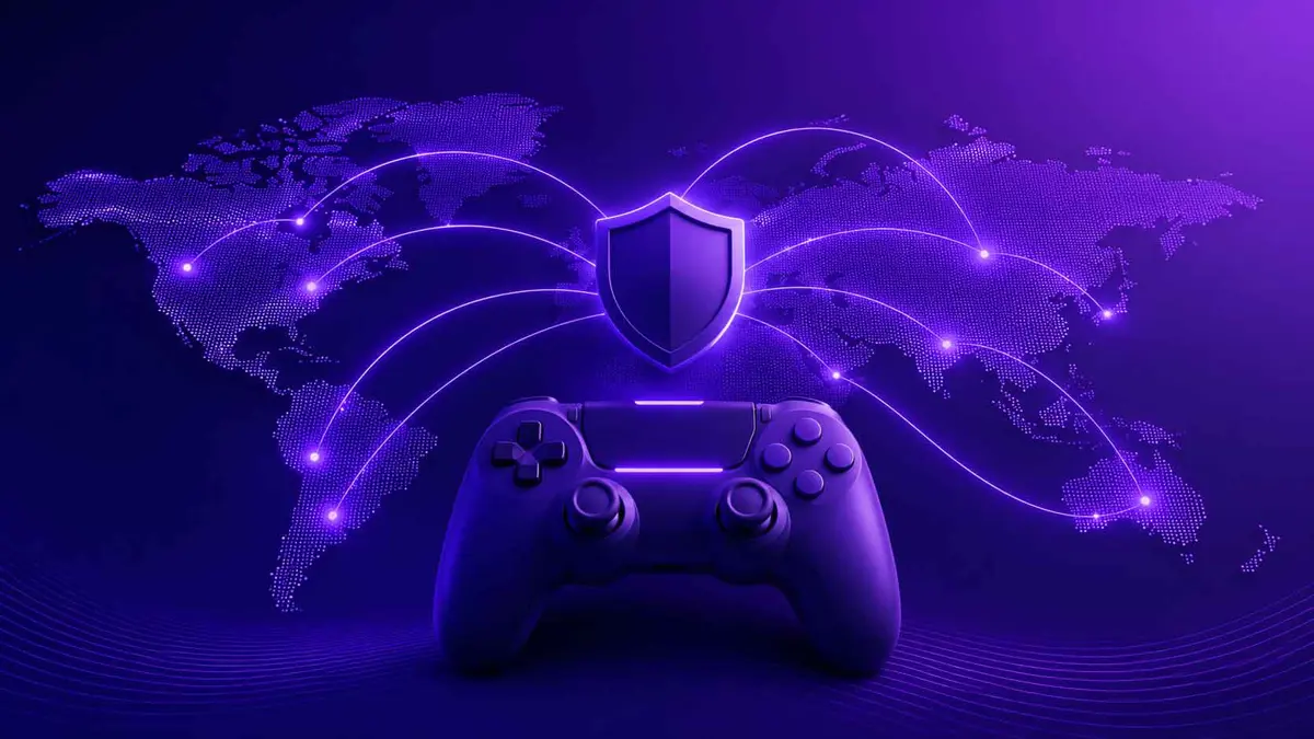 Abstract illustration of a global VPN network optimized for gaming speed and low latency