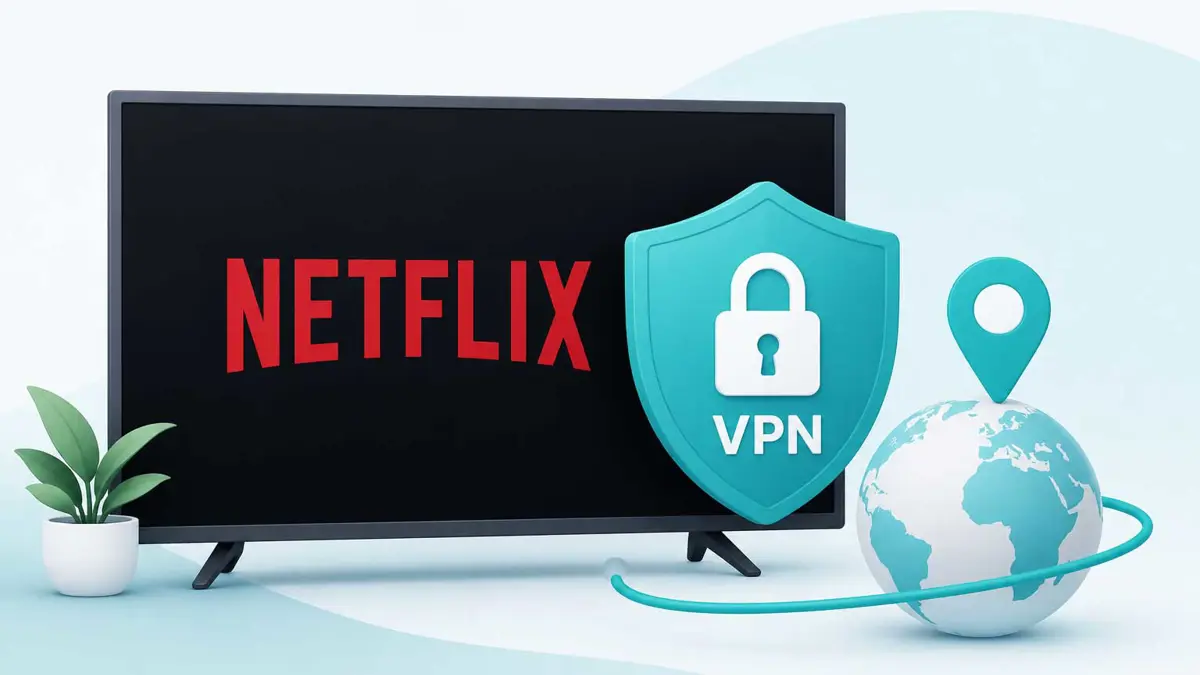 Best VPN for Netflix illustration showing TV screen with shield and location pin