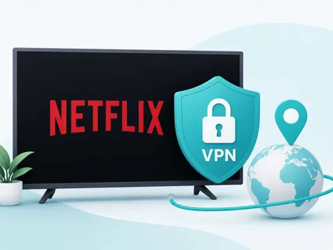 Best VPN for Netflix illustration showing TV screen with shield and location pin