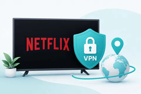 Best VPN for Netflix illustration showing TV screen with shield and location pin