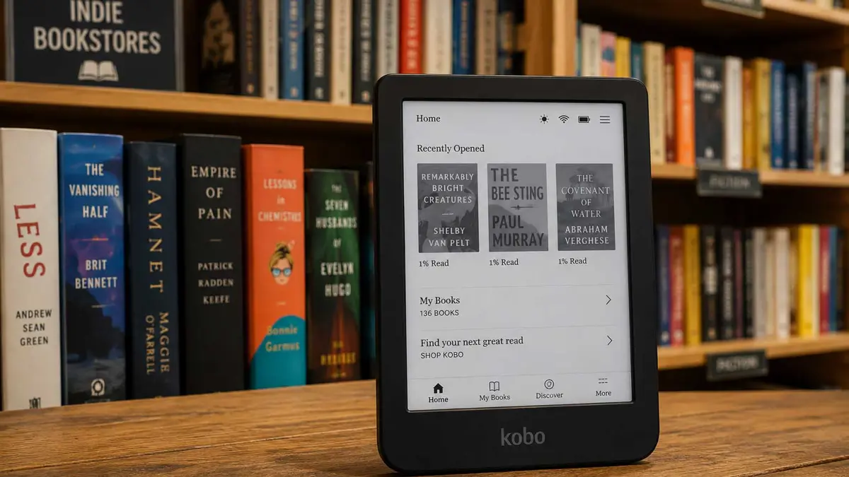 A Kobo e-reader on a wooden table in front of a shelf of physical books in an indie bookstore