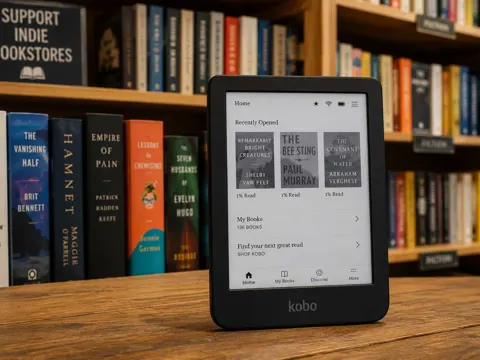A Kobo e-reader on a wooden table in front of a shelf of physical books in an indie bookstore